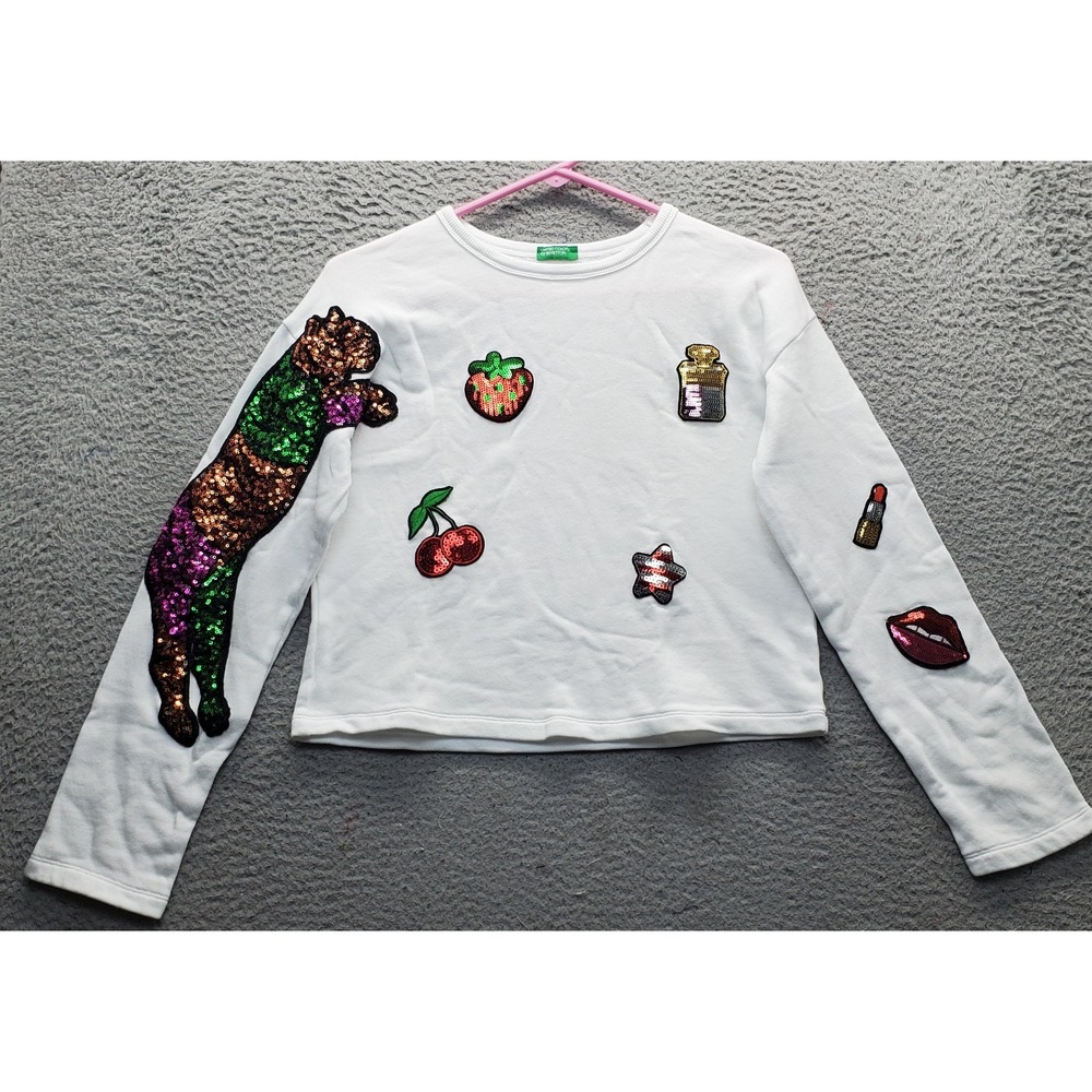 United Colors Of Benetton‎ Sweatshirt Girls 14/16 White Sequin Tiger & Berry EUC